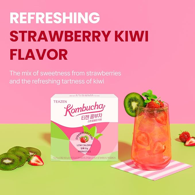 TEAZEN Strawberry Kiwi Kombucha Tea, Hydration Drink Mix, Sugar Free, Live Probiotics & Prebiotics, 30 Sticks, 5.29oz