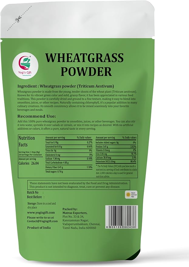 Wheatgrass Powder 8 oz โ Pure & Natural Wheat Grass Powder โ Finely Ground Wheatgrass for Juices, Smoothies & Health Drinks โ by Yogiโs Giftยฎ