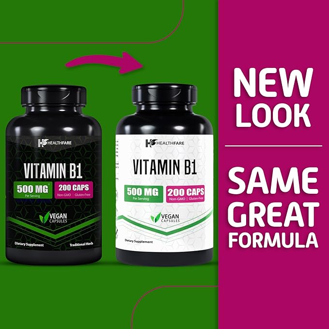 Vitamin B1 500mg | 200 Veg Capsules | Thiamine Supplement | Supports Overall Health | Non-GMO | Gluten-Free
