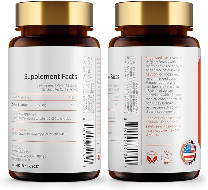 Choline Supplements, Supports Liver & Brain Health, High Absorption Choline Bitartrate 550mg, Non-GMO, Gluten-Free, Made in USA, 120 Vegan Capsules