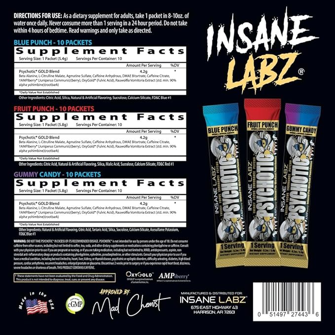 Insane Labz Psychotic Gold, High Stimulant Pre Workout Powder, Extreme Lasting Energy Focus, Pumps and Endurance with Beta Alanine, DMAE Bitartrate, NO Booster (30 Servings, Variety)