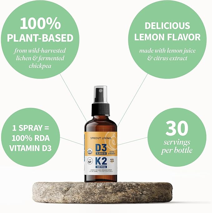 Sprout Living Organic Vitamin D3 5000 IU (Lichen) + K2 120 mcg (Chickpea) Spray for Immune Support & Bone Health | Trace Minerals with Real Lemon & Citrus Extract, Sugar Free (1 FL OZ, 30 Servings)
