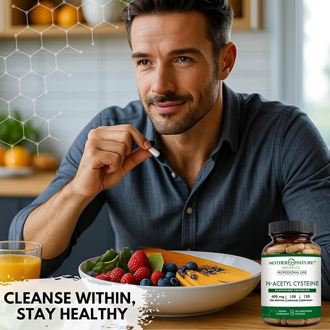 Mother Nature Organics NAC 600mg, Glass Bottle, N-Acetyl Cysteine Antioxidant Glutathione Precursor, Liver & Lung Support, Immune, Respiratory Health, and Detox (120 Count)
