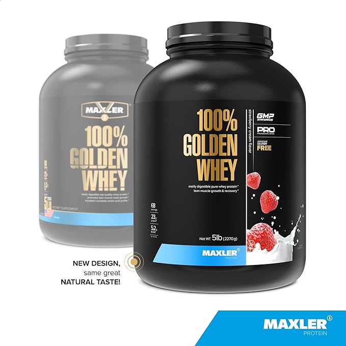 Maxler 100% Golden Whey Protein - 23g of Premium Whey Protein Powder per Serving - Pre, Post & Intra Workout - Fast-Absorbing Whey Hydrolysate, Isolate & Concentrate Blend - Strawberry Cream 5 lbs