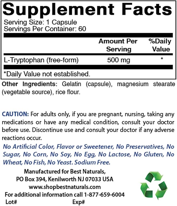 Best Naturals L-Tryptophan 500 mg 60 Capsules (60 Count (Pack of 3))
