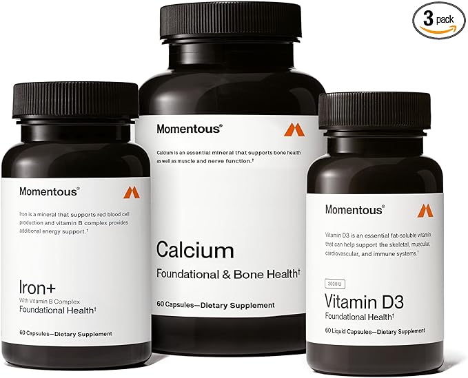 Momentous The Women's Three Bundle - Iron+, Calcium, & Vitamin D3 (2,000 IU) - 3 Critical Nutrients for All Women in 1 Daily Supplement System - NSF Certified for Sport - Gluten-Free - 60 Servings