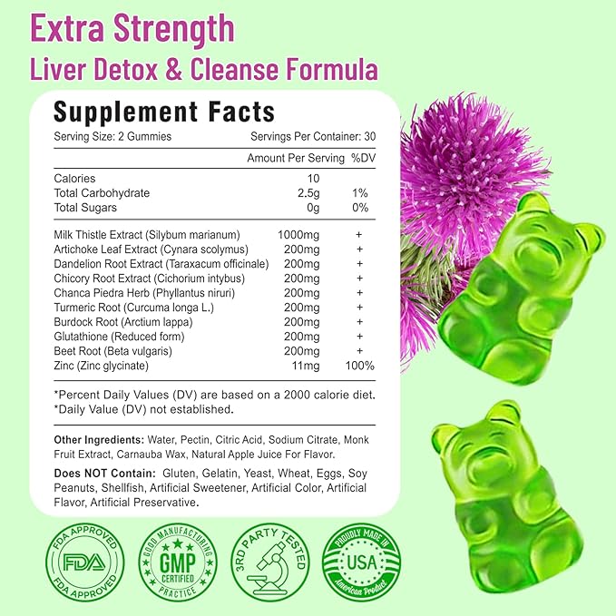 Milk Thistle Gummies for Adults Kids. Liver Cleanse Detox Repair Gummies, Milk Thistle Extract Supplement for Liver Support Digestive Antioxidant, 60ct Apple Flavor