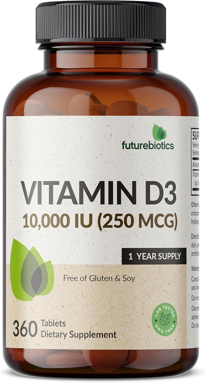 Futurebiotics Vitamin D3 10,000iu (250mcg) 360 Day Supply for Healthy Muscle Function and Immune Support, Non-GMO, 360 Tablets
