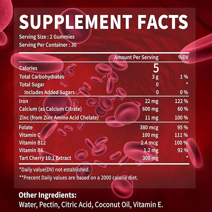 (2 Pack) OALSE Tart Cherry Iron Supplement for Women & Men, Iron Gummies with Calcium, Zinc, Folate & Vitamin C & B12 for Immune Support, (120 Count) - Sugar Free,Vegan