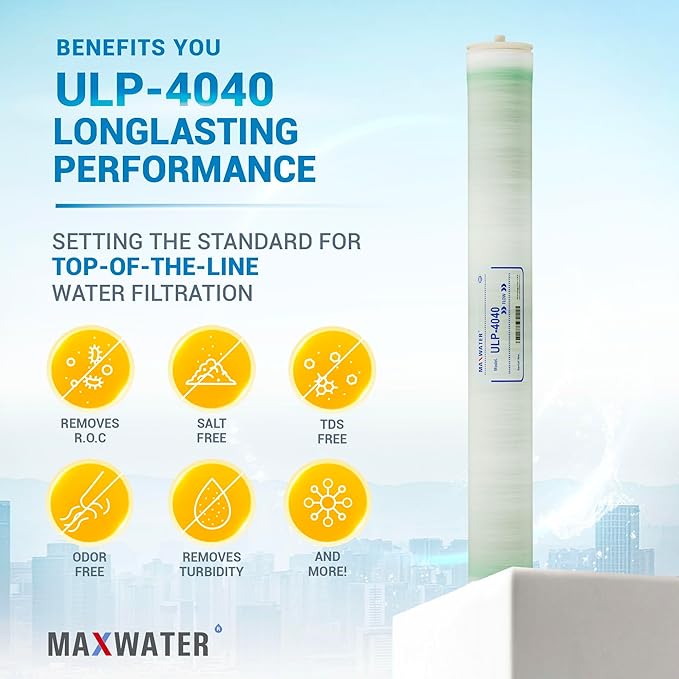 Max Water ULP-4040 Reverse Osmosis 4" x 40" RO Membrane, 2600 GPD | ULP 4040 For Water Purification Desalination Industrial, Agricultural, Commercial | Compatible with Dow Filmtec AG4040FF, TW30-4040