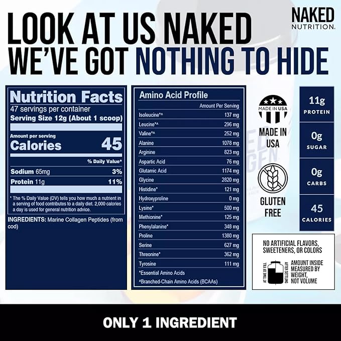NAKED Marine Collagen Peptides Protein Powder - Unflavored - from Wild Caught Cod - Paleo Friendly, Non-GMO, Soy-Free, Gluten-Free - 47 Servings