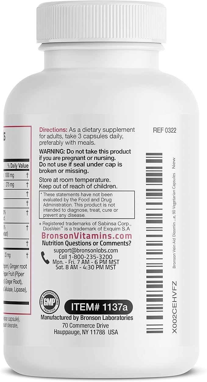 Bronson VeinAid Diosmin 1000mg DiosVein Varicose Vein Complex with Venocin & Centellin, 90 Vegetarian Capsules