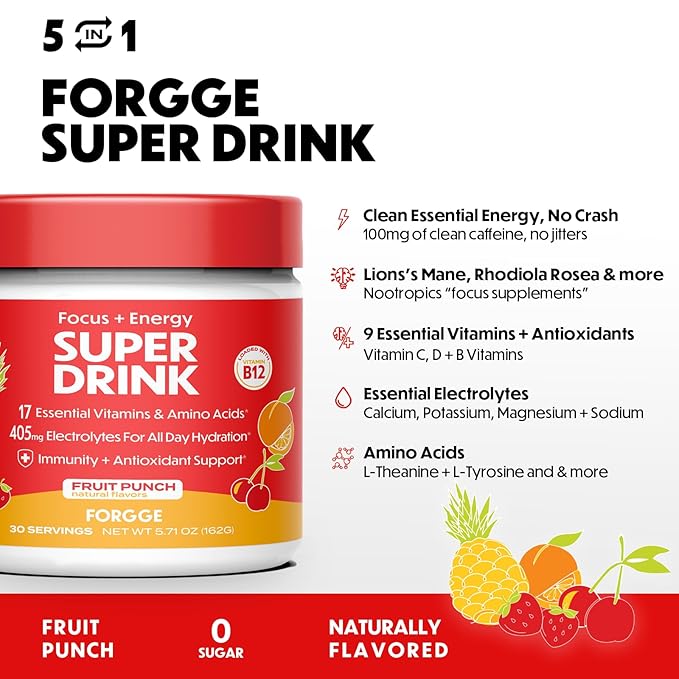 Forgge Healthy Energy Drink Powder Mix - Clean Caffeine + B12, B6, C & D Vitamins - Sugar Free Energy Drink Powder with Electrolytes, Amino Acids, Antioxidants, Lions Mane - Vegan, Keto-Friendly - 30 SVG, Fruit Punch