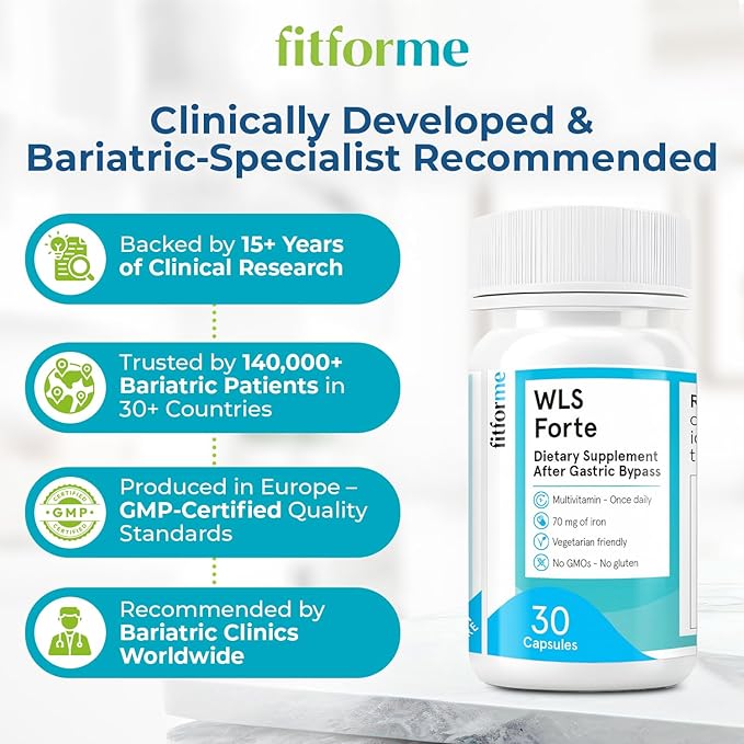 FitForMe One-a-Day Bariatric Multivitamin with Iron — After Weight-Loss Surgery (Gastric Bypass) — Easy-to-Swallow WLS Forte Capsule, 30 Count, 1-Month Supply