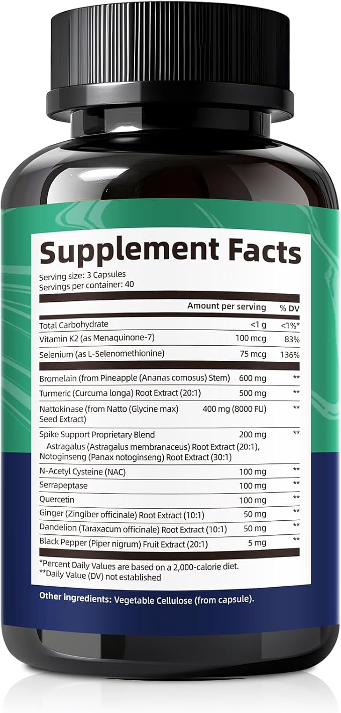 Spike Protein Detox Capsules, 8000 FU Nattokinase Supplement with Bromelain and Curcumin, 13-in-1 Full Spectrum Spike Support Supplement for Immune & Antioxidant Health, Non-GMO, 120 Capsules