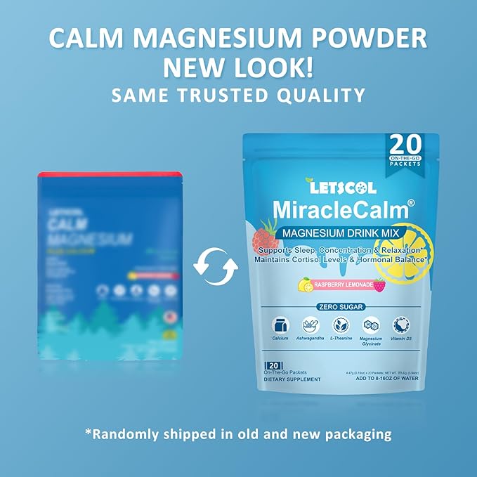 MiracleCalm Drink Mix Powder, Calm Magnesium Calcium Supplement, Cortisol Drink Powdered for Sleep, Relaxed & Focus with Easily Absorbed L-Theanine, Vitamin D3, Ashwagandha, Sugar Free (20 Packs)