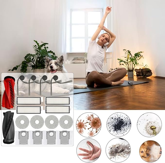 17 Pcs Replacement Parts Accessories Kit,Compatible With Roborock Qrevo Curv/Qrevo Edge Qrevo S5V Robot Vacuum,1 Roller Brush, 4 Hepa Filters,4 Side Brush,4 Mop Pads,4 Vacuum Bags