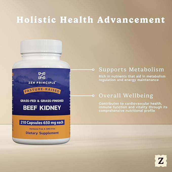 Zen Principle Grass Fed Beef Kidney Supplement, 210 Capsules, 3000 mg. DAO Enzyme for Histamine Health. Selenium and B12 for Thyroid Support.