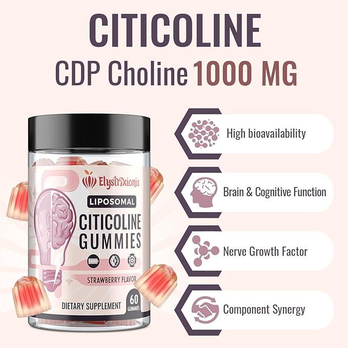 Citicoline Supplement, CDP Choline, Brain Supplement for Memory and Focus | Cognitive Function & Energy Improvement | Citicoline 1000mg Plus Lion's Mane Extract 500mg per Serving (60 Count)