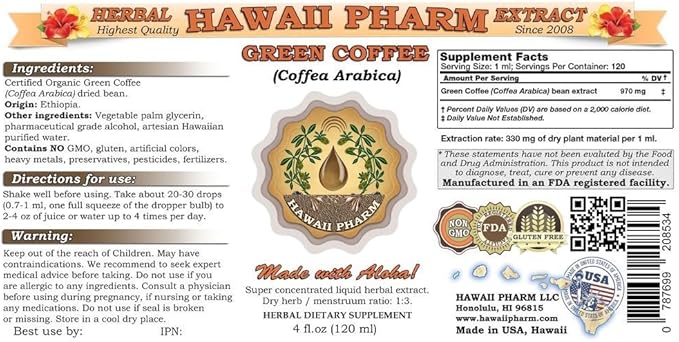 Green Coffee Liquid Extract, Green Coffee (Coffea Arabica) Bean Powder Tincture Supplement 4 oz