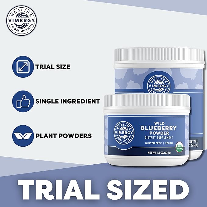 Vimergy Wild Blueberry Powder –Protects Brain Health* - Supports Cardiovascular Function* – Organic, Vegan & Gluten-Free – Trial Size 125g