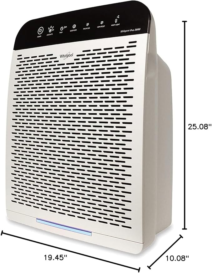Whirlpool WPPRO2000P Whispure True Hepa Air Purifier, Activated Carbon, 508 Sq Ft, Smart Auto Mode, Ideal for Allergies, Odors, Pet Dander, Mold, Smoke, Wildfire, Germs - Pearl White