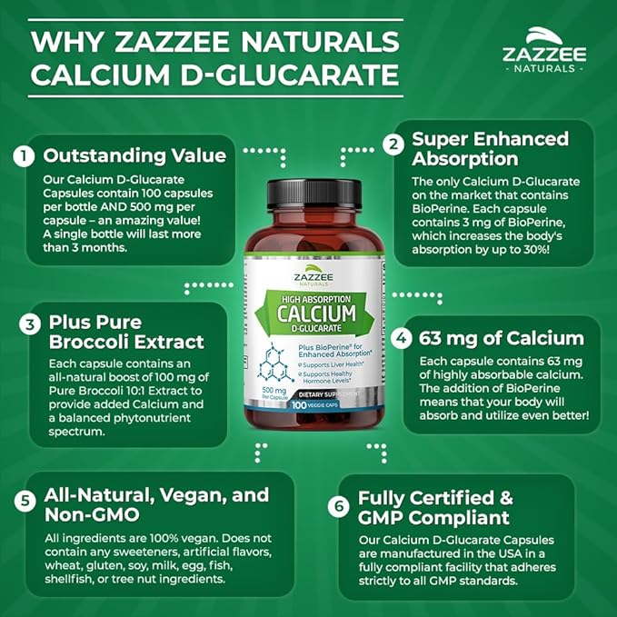Zazzee High Absorption Calcium D-Glucarate, 500 mg per Capsule, 3 mg BioPerine for Enhanced Absorption, 100 Vegan Capsules, Plus Broccoli 10:1 Extract, 100% Vegetarian, CDG, All-Natural and Non-GMO