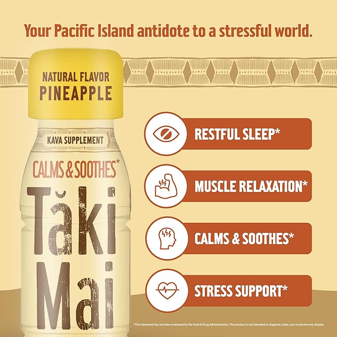 Taki Mai Pineapple Kava Kava 2.5 oz (24-pack) Shots – Noble Kava Root Drink, Ready to Drink for Stress Support & Relaxation, Fast Acting Herbal Support for Calming Better Sleep and Balanced Mood