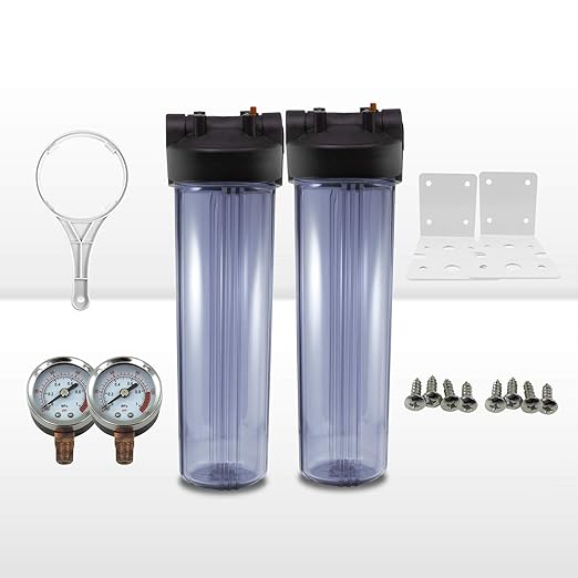 Max Water Whole House 20" x4.5" Purple Clear WH Water Filter Housing 1 inch Inlet/Outlet Ports with Pressure Gauge Wrench and Bracket (2 Housing + 2 Pressure Gauge)