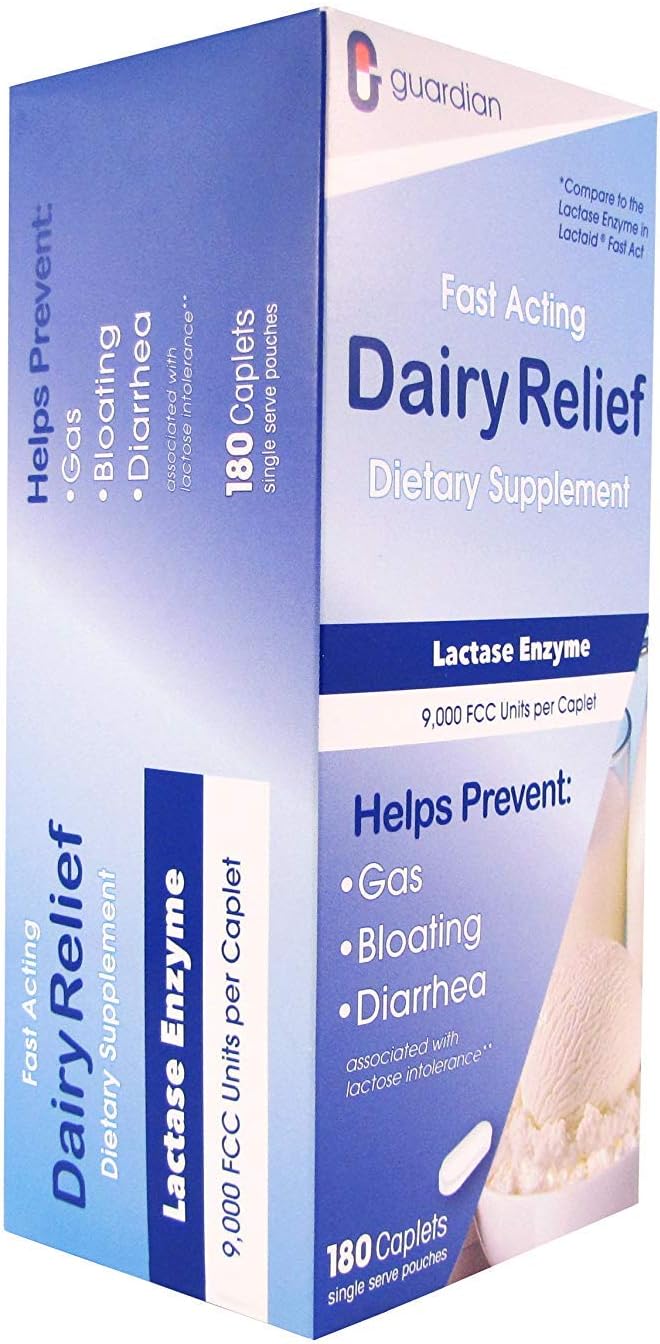 Guardian Dairy Relief Fast Acting Lactase, 180 Caplets, 9000 FCC Maximum Strength, Lactose Intolerance Pills, Lactase Enzyme (180 CT)