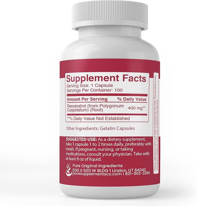 PURE ORIGINAL INGREDIENTS Resveratrol, (100 Capsules) Always Pure, No Additives Or Fillers, Lab Verified