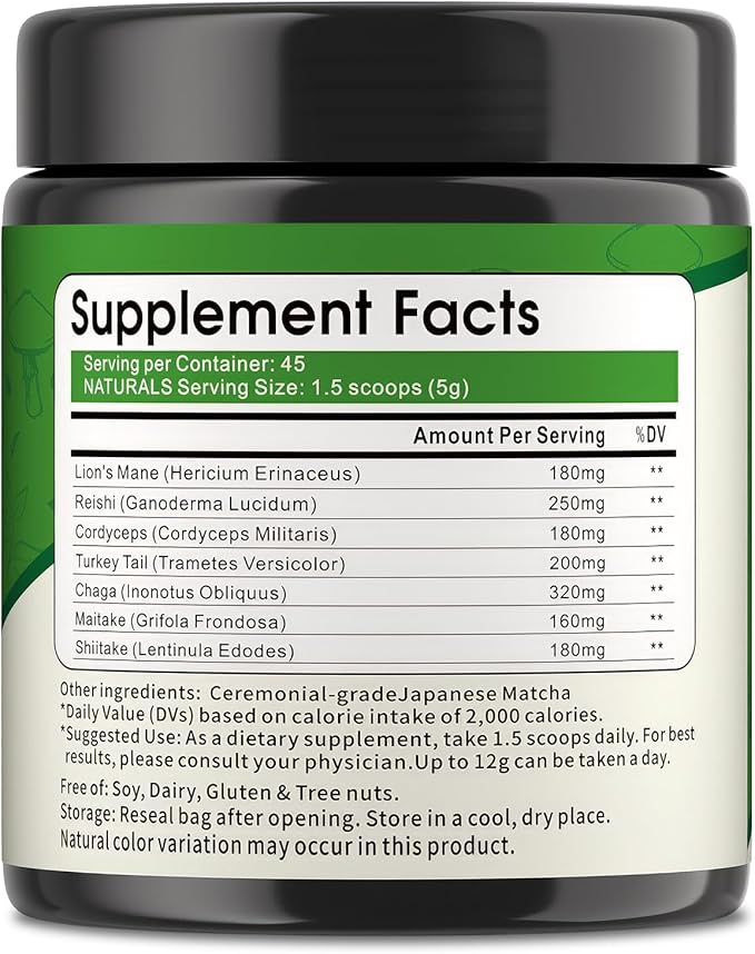 Mushroom Matcha Powder, Japanese Ceremonial Matcha Infused With 7 Superfood Mushrooms, MCT Oil, Coconut Milk Powder, Natural, Gluten Free, Taste Great Matcha Latter 8 Oz(45 Servings)
