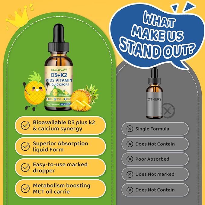 Kids Vitamin D3 K2 Drops, Vitamin D3 K2 (MK-7) Supplement with Calcium for Kids & Adults - Support Strong Bones, Teeth & Immune, Sugar Free Pineapple Flavor 2 FL OZ