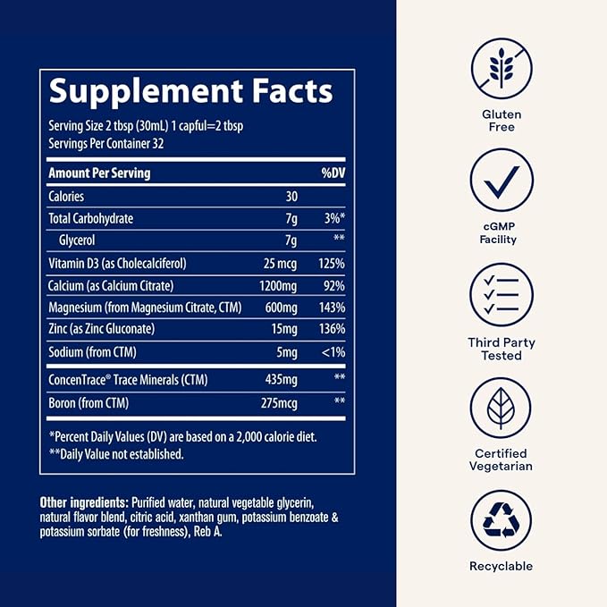 Trace Minerals | Liquid Cal/Mag/Zinc | Calcium, Magnesium, Zinc, Vitamin D3 Supplement | Supports Normal Tissue, Muscle, and Bone Density | Natural Piña Colada Flavor | 32 Servings, 32 fl oz.