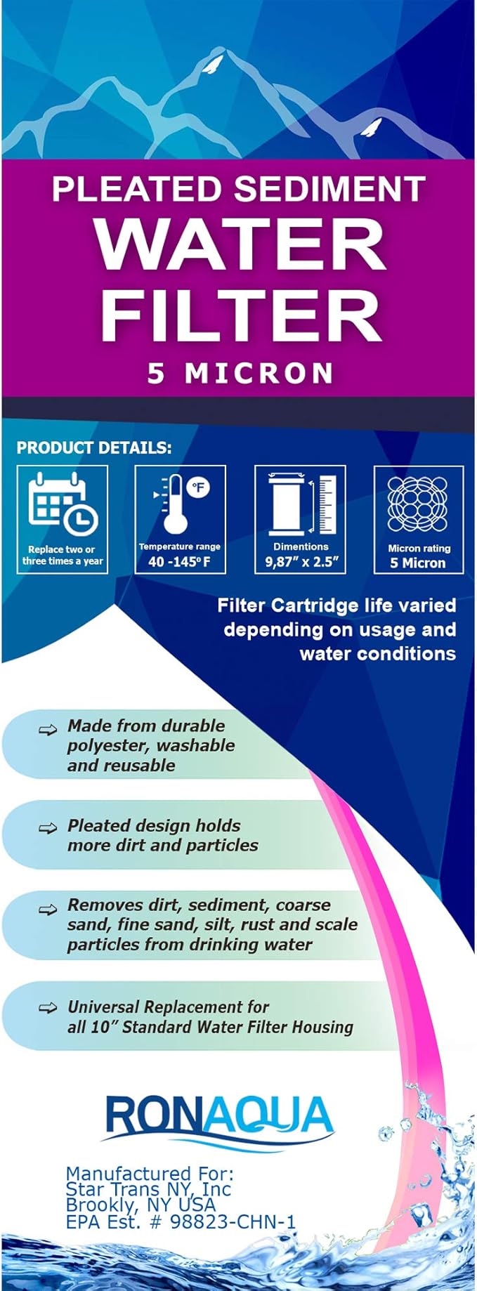 Pleated Sediment Water Filter Cartridge 9.87āx 2.5ā Amplified Surface Area, Removes Sand, Dirt, Rust, Extended Filter Life WELL-MATCHED with WHKF-WHPL, 801-50, WB-50W, WFPFC3002, SPC-25-1050 (2 Pack)