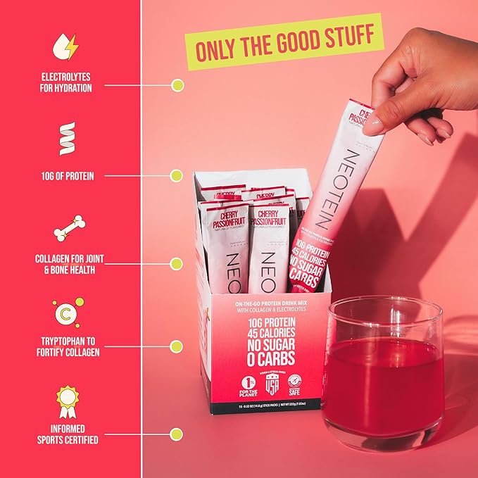 Electrolyte Powder Packets, Protein Powder with 10g Protein & Collagen | Hydration Packets - Zero Sugar, NO Fillers, NO Carbs | Cherry Passionfruit | 45 Calories | Keto & Paleo | Pack of 15