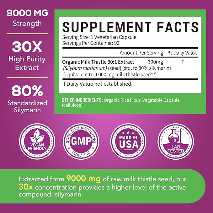 Organic Milk Thistle, 9000 mg Equivalent, 30X Concentrated Seed Extract, 80% Silymarin, Liver Support Cleanse Detox, Fatty Liver Supplements, Non-GMO, No Gluten & Soy, 90 Veggie Caps, 3 Month Supply