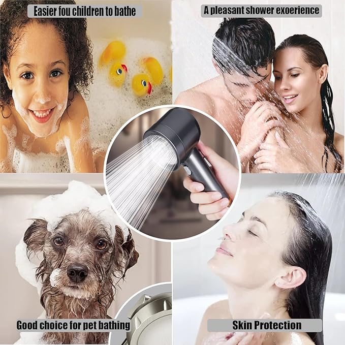 High Pressure Shower Head with Handheld, with Pause Switch 4 Spray Modes Water Saving Filter Showerhead, Showerhead Set with Hose, Bracket and Cotton Filter, Make Bathing Healthier (Grey)