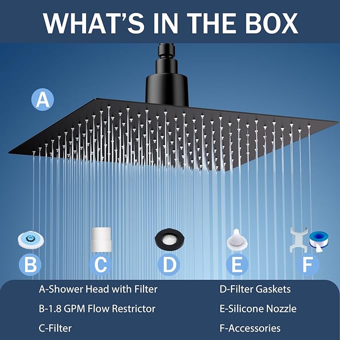 Lordear Filtered Shower Head 12 Inch Stainless Steel Square Shower Head, High Pressure Showerhead for Hard Water,Ceiling or Wall Mounted Waterfall Shower (Matte Black)