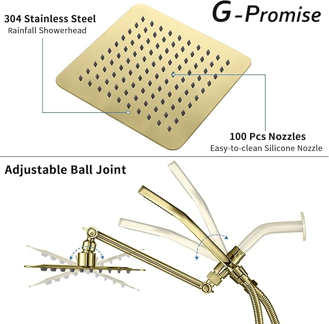 G-Promise All Metal 8 Inch Dual Square Shower Head with Handheld Spray Combo, Rain Shower Head, Adjustable Extension Arm, 3-Way Diverter, 71 Inch Extra Long Hose - A Bathroom Upgrade (Polished Brass)