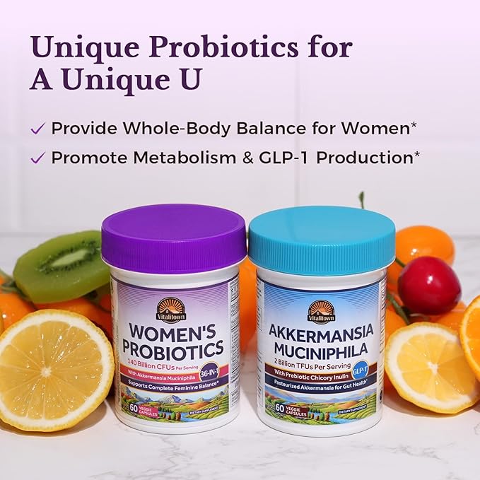 Vitalitown Probiotics for Women, 140 Billion CFU 20 Strains, Akkermansia Probiotic with Iron, Vitamin C B6 & B12, Digestive Enzymes, Cranberry, D-Mannose, Vaginal Probiotics & Prebiotics, 60 Capsules