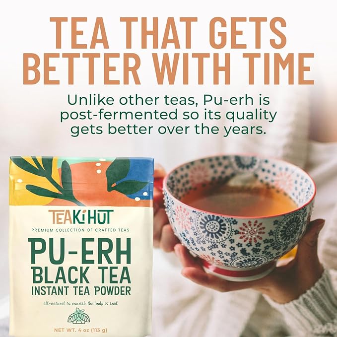 Instant Pu-erh Black Tea Powder 4 oz, Low-Carb, Low-Calorie Black Tea for Hot & Cold Beverages, Refreshing Instant Powder for Lattes, Smoothies, Cocktails & Baked Goods