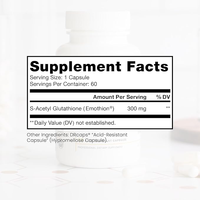S-Acetyl Glutathione GOLD 300mg PER Capsule - 60 DRcaps "Acid-Resistant" | Extra-Strength | Patented Acetylated Form of Glutathione (Emothionยฎ) | Pharmaceutical Grade | Free-of Harmful Stearates