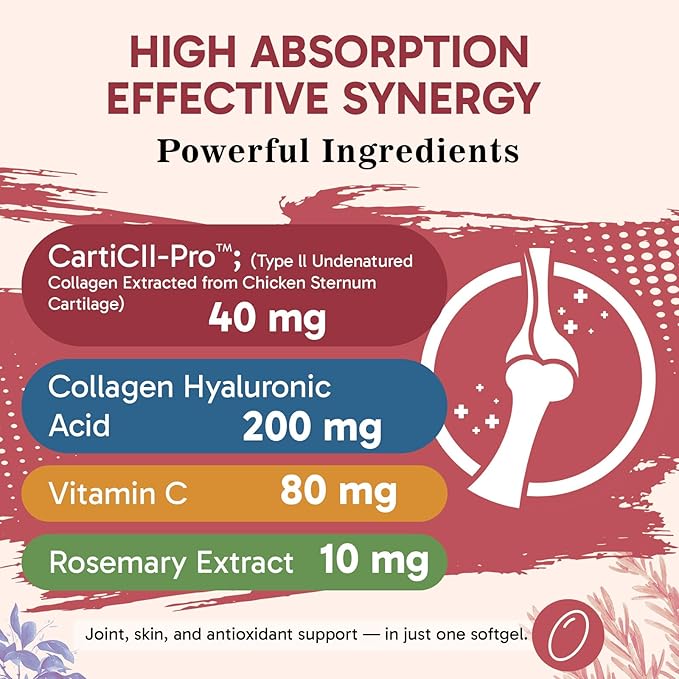 Liposomal Collagen Joint Support Supplement - Undenatured Type II Collagen for Men & Women with Hyaluronic Acid & Vitamin C for Joints Health & Mobility, 60 Softgels