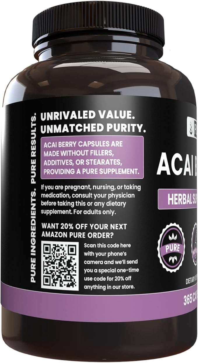 PURE ORIGINAL INGREDIENTS Acai Berry (365 Capsules) No Magnesium Or Rice Fillers, Always Pure, Lab Verified