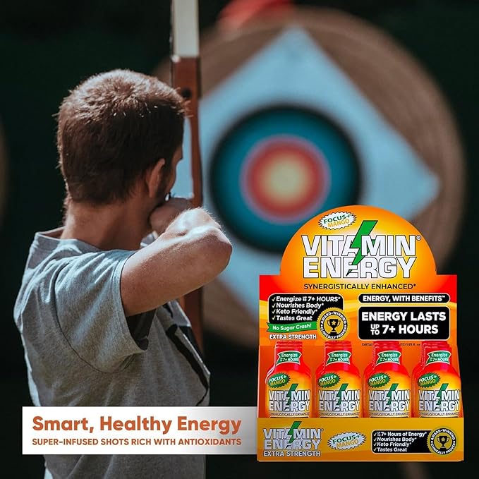 Vitamin Energy Focus+ Extra Strength Energy Shot Mango 12 Pack, 260mg Natural Caffeine, B-Vitamins, CoQ10, Amino Acids, Focus, Productivity & Clarity, Zero Sugar, Gluten-Free, 1.93 fl oz