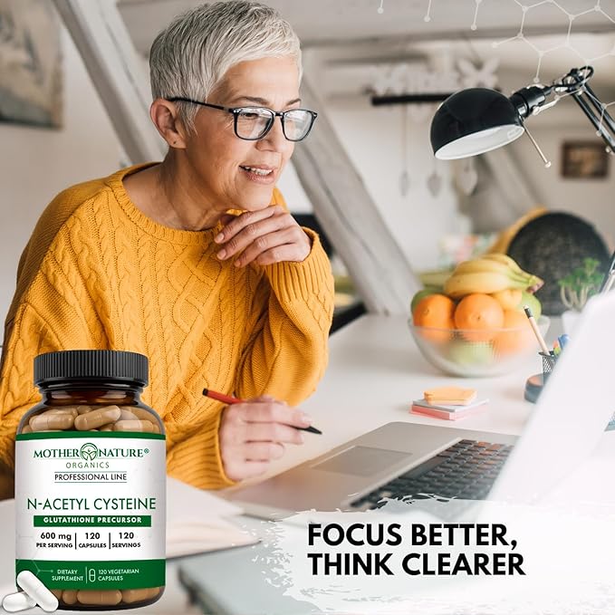 Mother Nature Organics NAC 600mg, Glass Bottle, N-Acetyl Cysteine Antioxidant Glutathione Precursor, Liver & Lung Support, Immune, Respiratory Health, and Detox (120 Count)