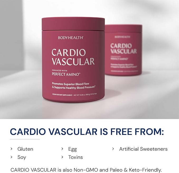 BodyHealth Cardio Vascular with PerfectAmino, Blood Flow and Heart Health Supplement Support with CoQ10, Nicotinamide Riboside, Resveratrol and D-Ribose, Chocolate Flavor, 30 Servings