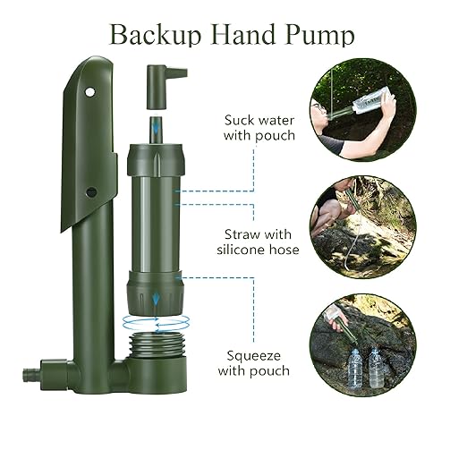 Pro Electric Water Purifier Survival w/Hand Pump, Portable Water Filter Camping Backpacking Hiking Outdoor Travel Emergency, Water Filtration System Survival, Water Purification Tablets Alternative