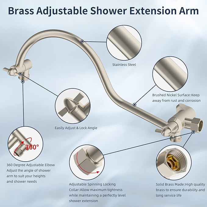 Hibbent 10" Thickness Metal Rainfall Shower Head/Handheld Showerhead Combo with 12'' Adjustable Curved Shower Extension Arm, 7-Spray, 71'' Hose, Adhesive Showerhead Holder, Brushed Nickel
